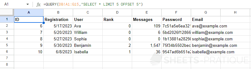 google sheets query function limit offset