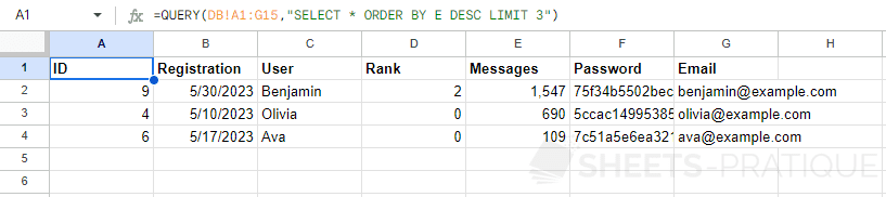 google sheets query function limit order by