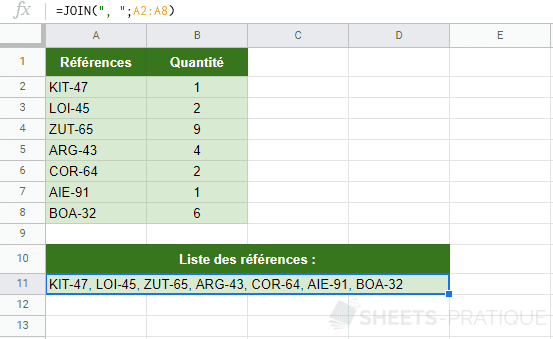 google sheets fonction join cellules